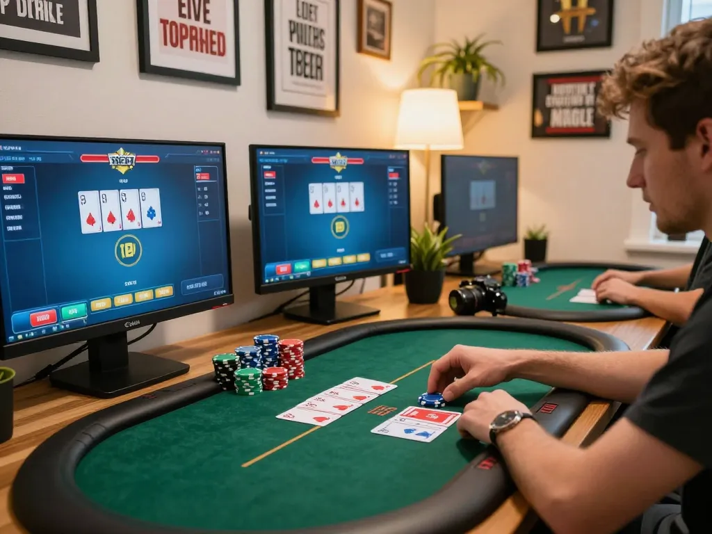 Player strategizing in online poker game from rr88, showcasing dynamic gameplay and immersive setup
