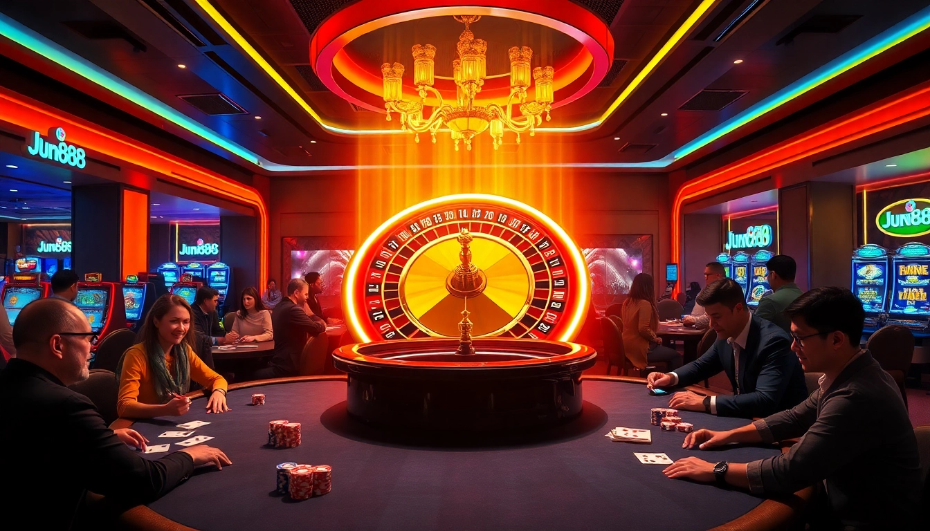 Experience excitement at Jun888 gaming tables with shimmering poker chips and vibrant roulette wheels.