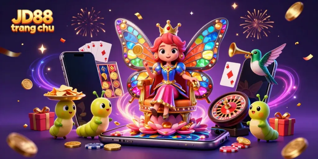 Experience the vibrant excitement of JD88 trang chu with characters in a dynamic casino scene featuring games and jackpots.