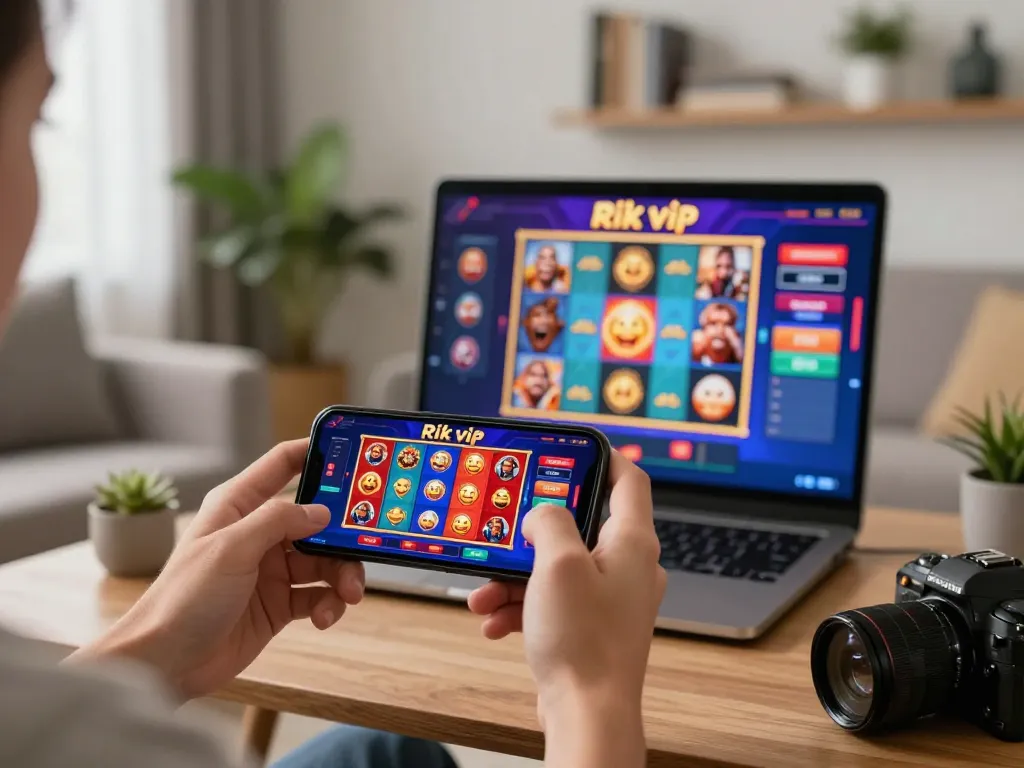 Playing exciting slot games on the rik vip app in a cozy living room environment.