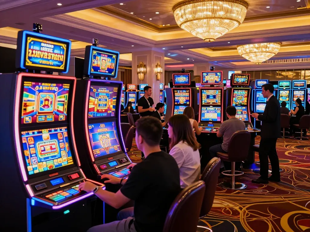 Players enjoying vibrant slot machines at a luxurious casino floor, highlighting IWIN68 gaming excitement.