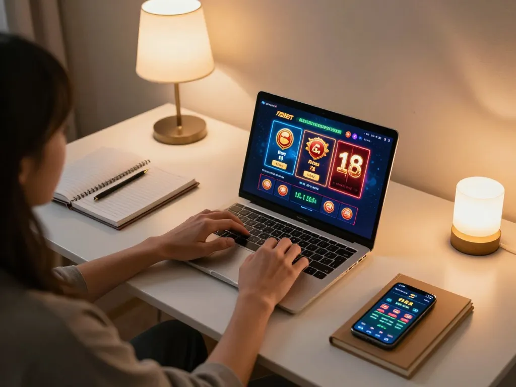 Player engaged in online gaming with 788bet interface, highlighting strategic decisions in a cozy home setup