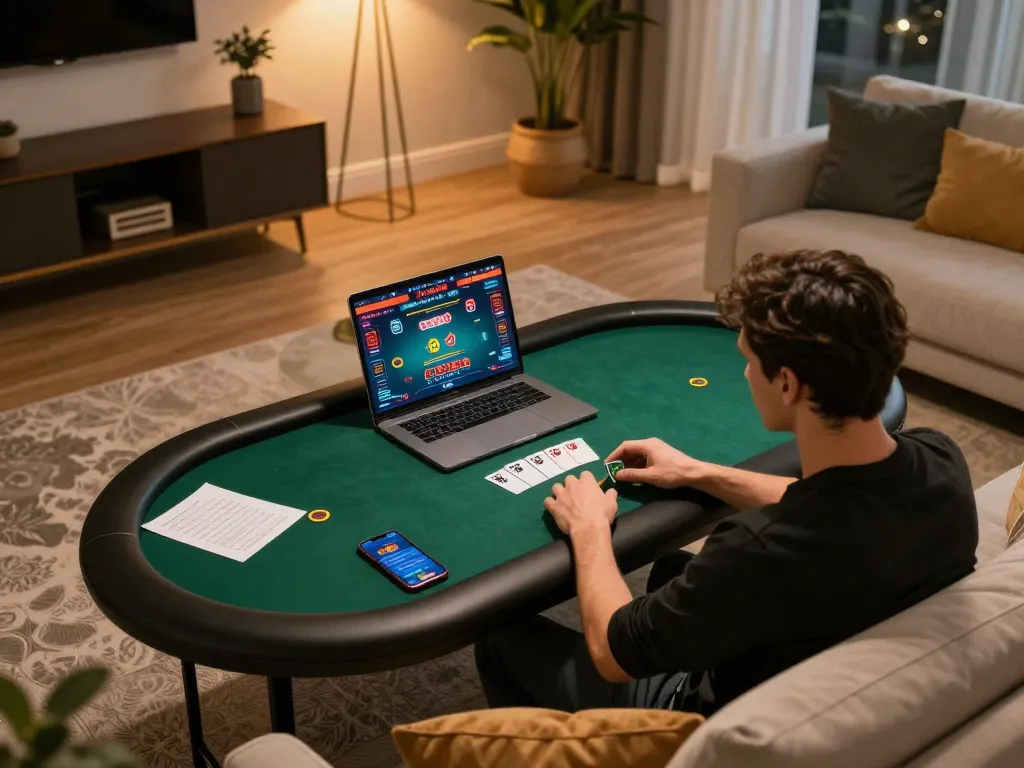 Player enjoying online poker on xx88 app with strategic betting notes nearby