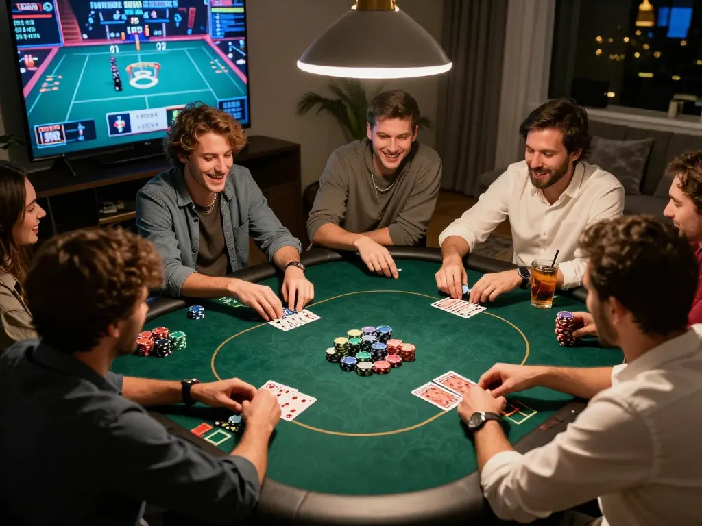 Malam permainan poker yang mendebarkan menekankan kesenangan strategis aman788 dengan teman-teman di rumah, suasana yang cerah.