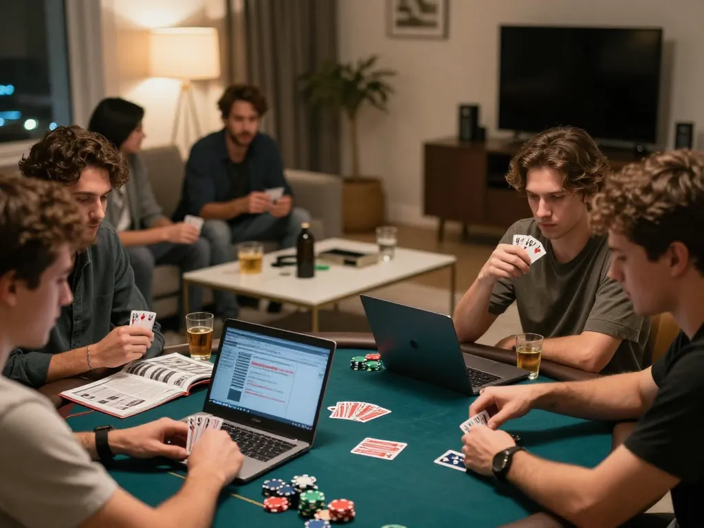 Engaging in an online poker game with friends at home while using megaplus88 for strategic gameplay.