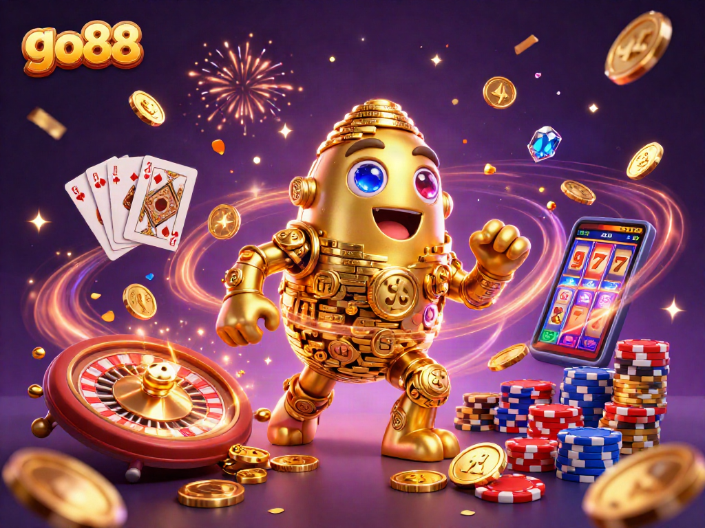 Engage in exciting gameplay with go88 featuring a dynamic golden golem amidst vibrant casino elements.