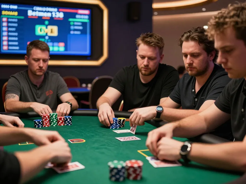 Betmen138 poker players strategizing at vibrant game table during competitive tournament.