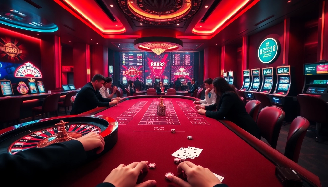 An engaging scene at Trang chủ RR88 with players enjoying casino games including roulette and slots, emphasizing excitement and luxury.