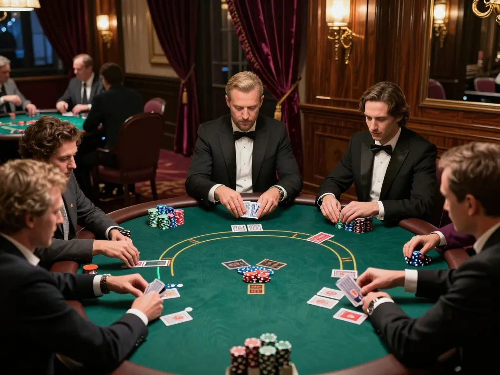 Players strategizing at a high-stakes poker table in a vibrant 789f casino, focused on gameplay.