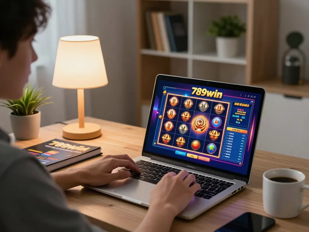 Playing 789win pro casino games on a laptop in a cozy home office, capturing engaged moments.