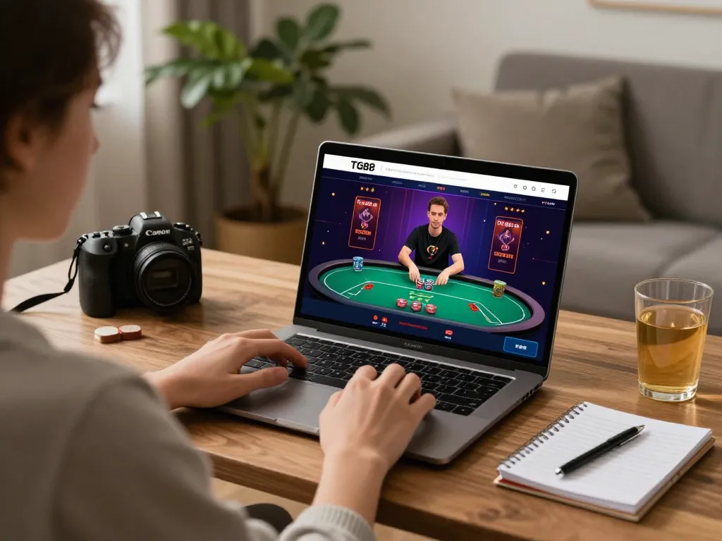 Player strategizing on TG88 chính thức app, engaged in online poker action at home.