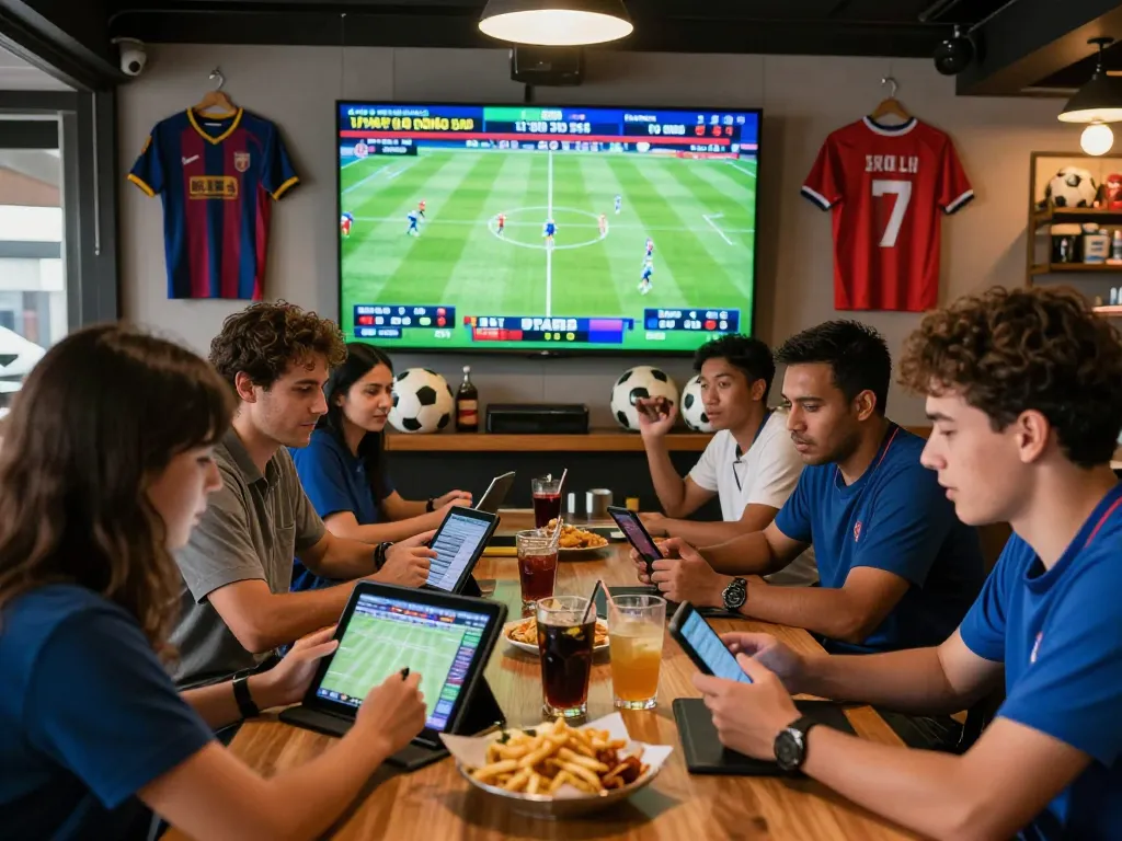 Tỷ lệ kèo bóng đá displayed on large screen in vibrant sports bar atmosphere with enthusiastic bettors analyzing stats.