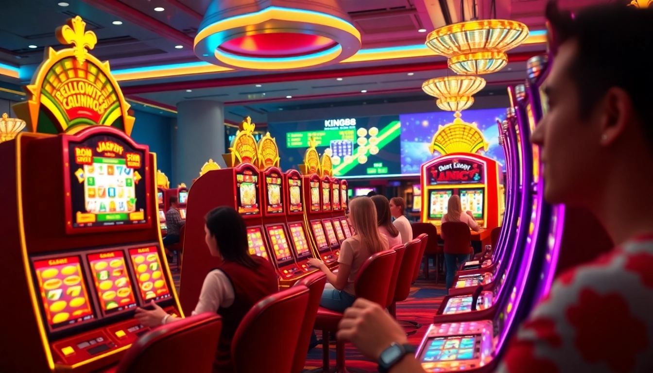 king88 vibrant online casino scene with players and slot machines