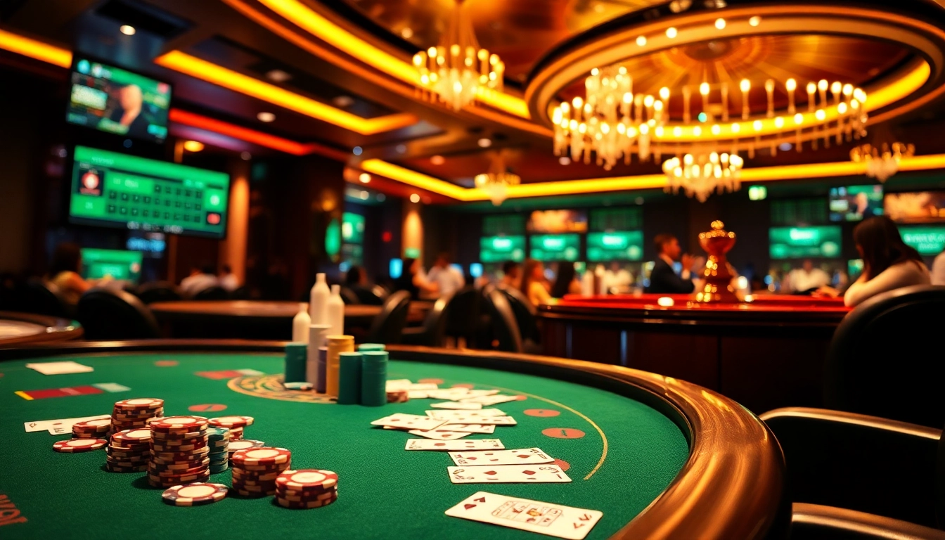 Kqbd casino scene featuring vibrant poker table and roulette wheel, capturing excitement in gambling.