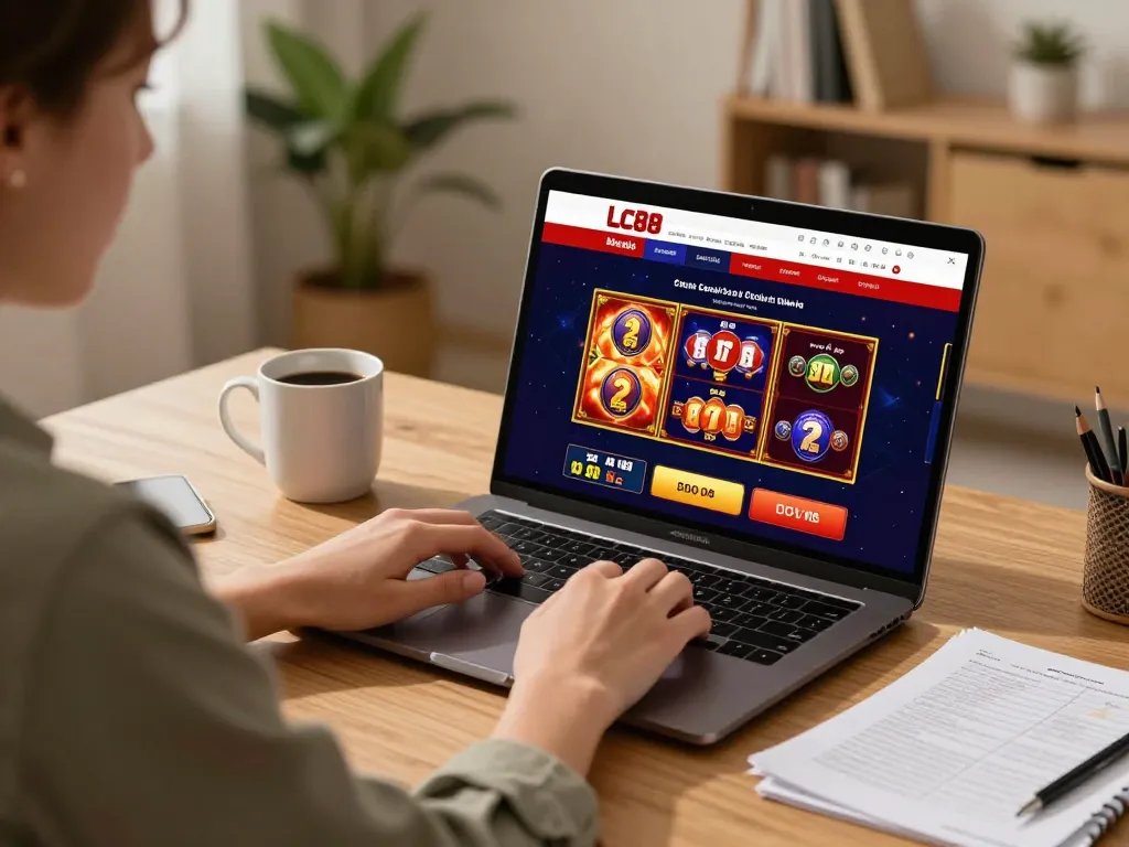 Engaged player exploring LC88 chính thức online gaming on a sleek laptop with strategic notes nearby.