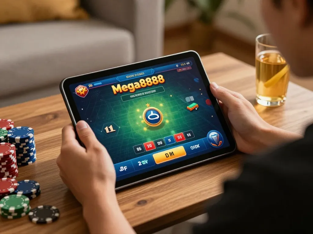Mega888 player enjoying online casino gaming on tablet in cozy home environment.