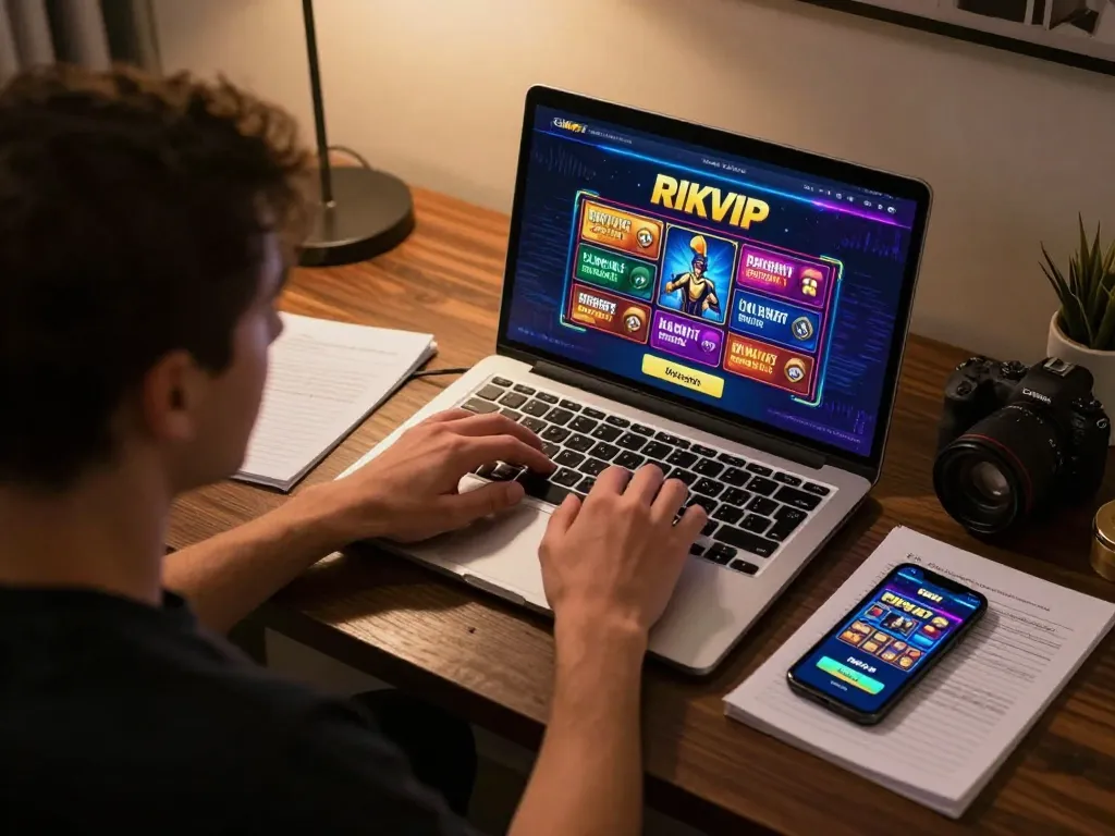 Online casino gameplay at https://tairikvip.co with user immersed in gaming and strategic notes in a cozy setting