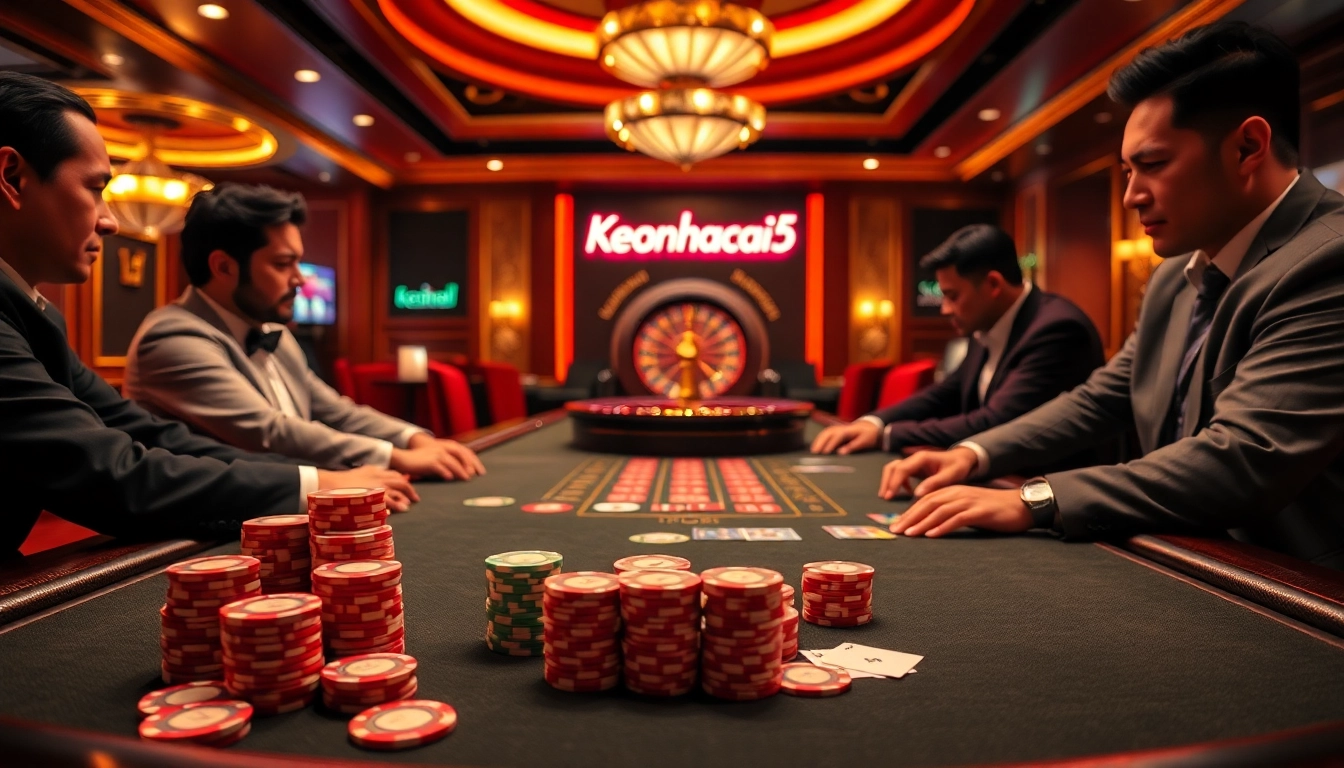 Experience the thrill of keonhacai5 at a luxurious poker table bustling with excitement and strategic gameplay.