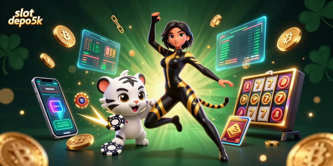 Engage in thrilling gameplay with slot depo 5k, showcasing a dynamic casino scene with vivid characters.