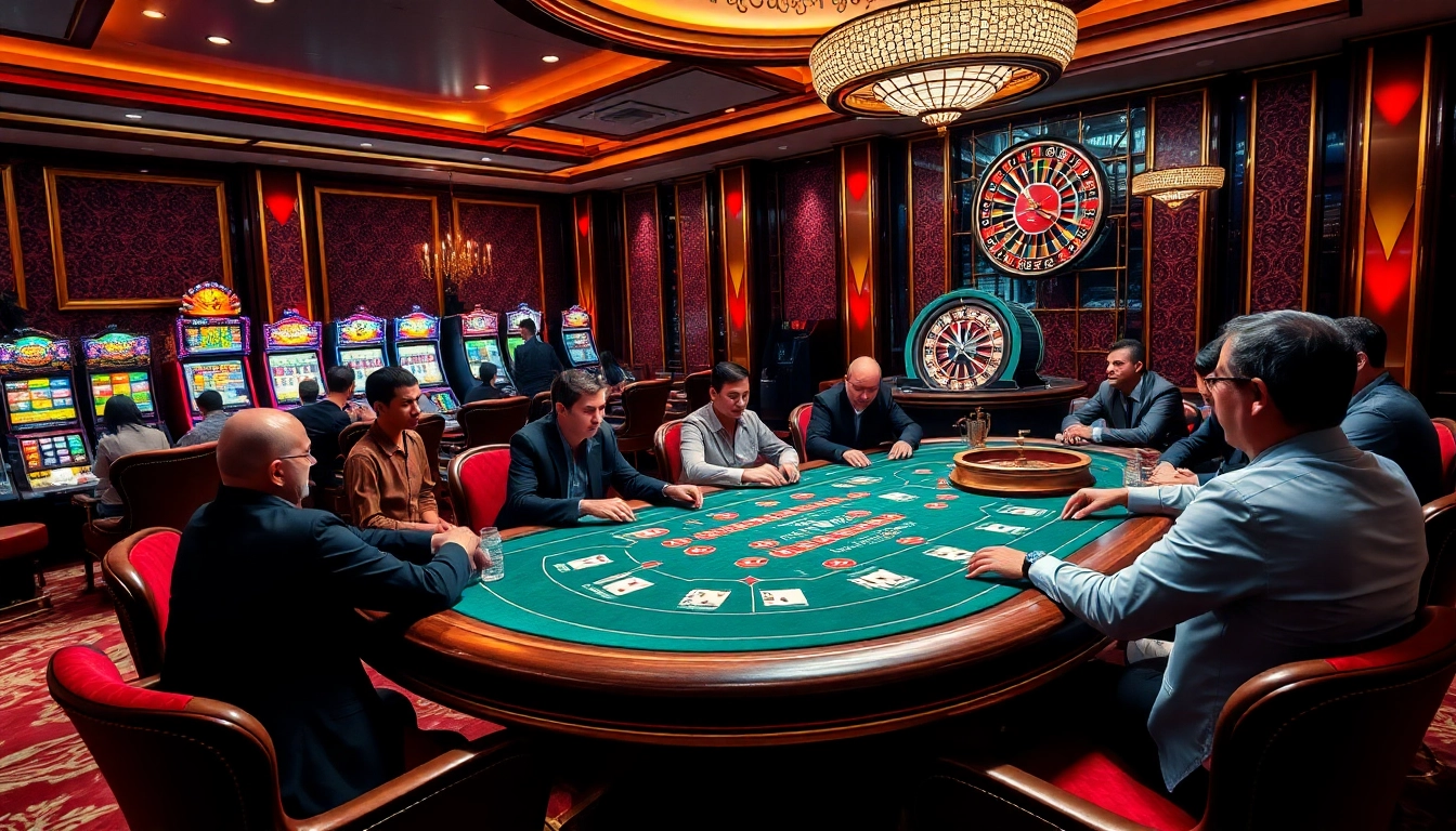 Players engaging at a high-stakes poker table in an opulent casino environment - https://bem88.com