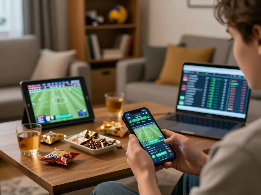 Engaging in online sports betting action with 7meter Link Alternatif on a smartphone in a cozy home setting.