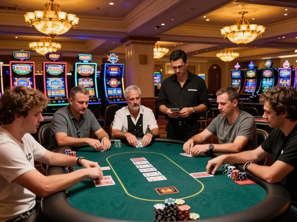 Players strategizing at a poker table in upscale RR88 casino, vibrant atmosphere and professional dealer in action.