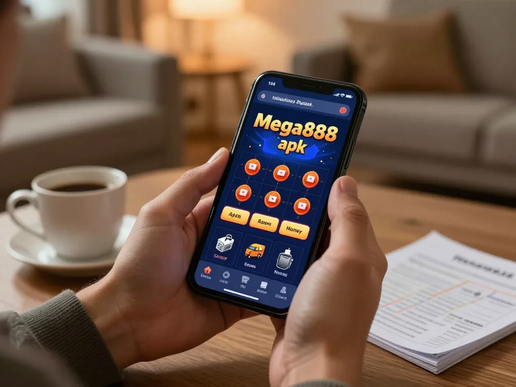 Excited gamer using mega888 apk on smartphone in cozy home setup for online casino.