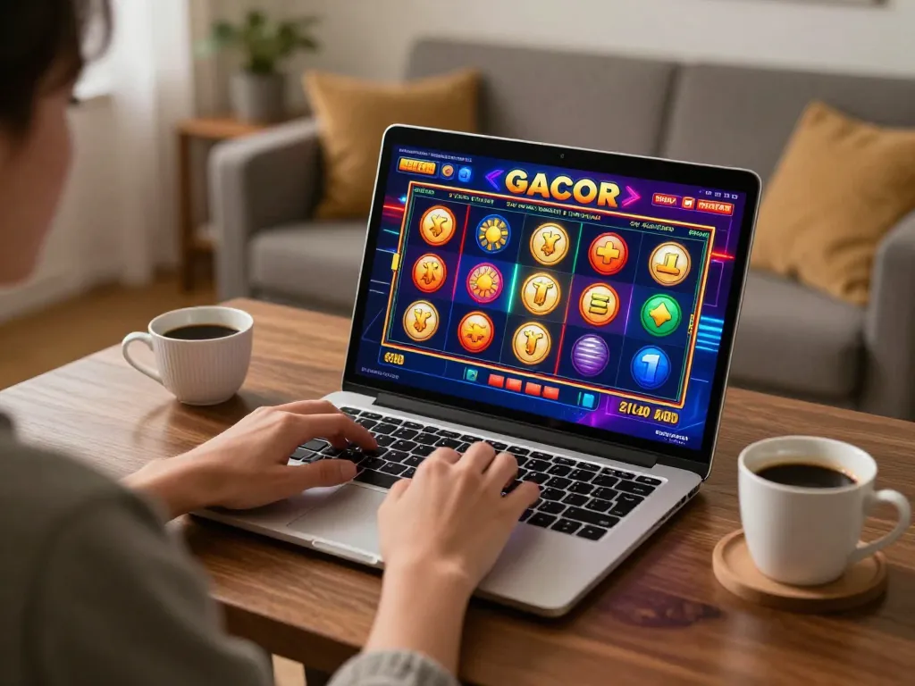 Engaging with slot gacor gameplay on a laptop in a cozy home setting, showcasing relaxed online gambling.