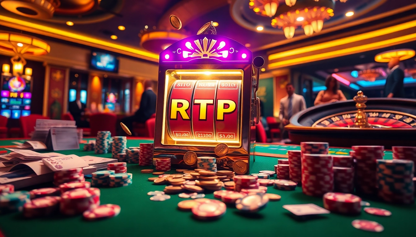 Exciting RTP Slot machine in a vibrant casino scene with players engaging in strategic gameplay.