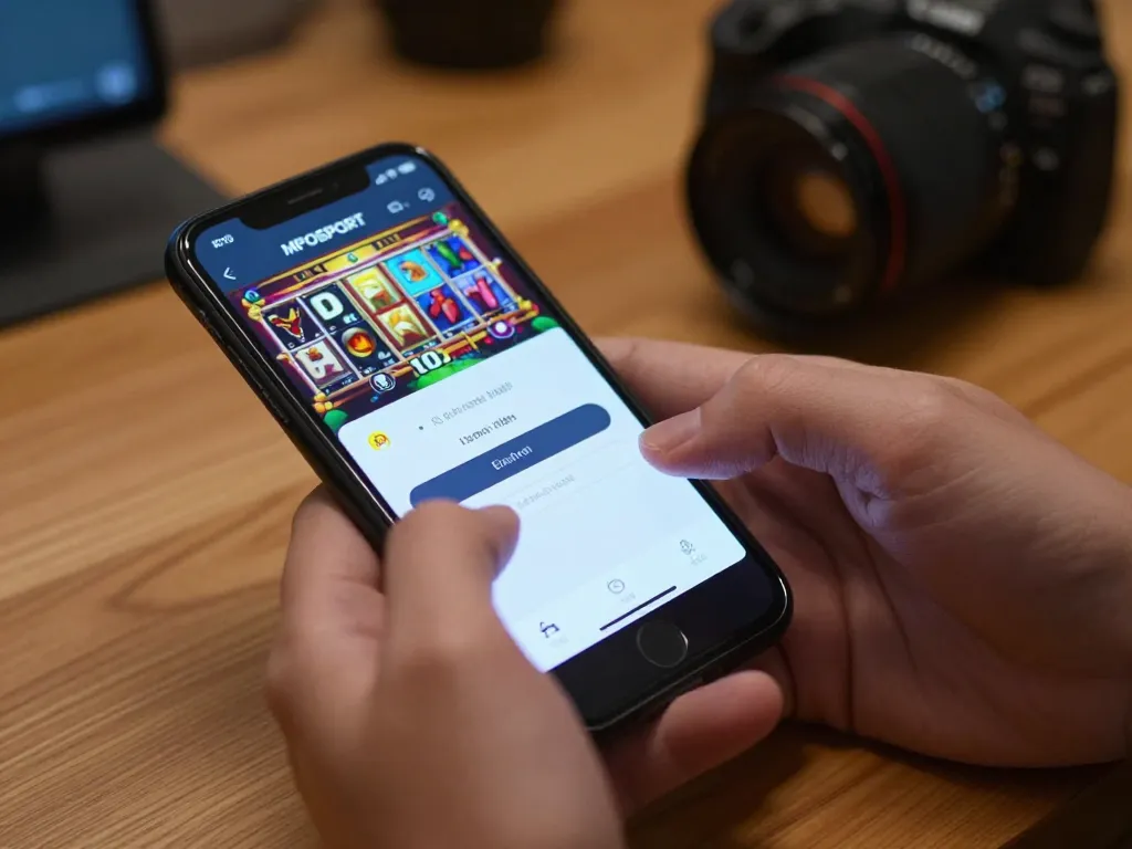Engaging in mobile gaming with a clear login mposport interface, showcasing dynamic slot graphics.