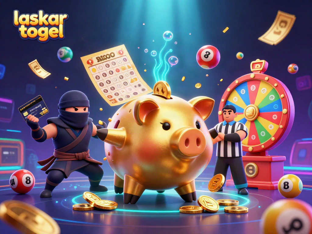 Experience dynamic laskar togel action with an enormous golden piggy bank sumo wrestler amidst vibrant game elements.