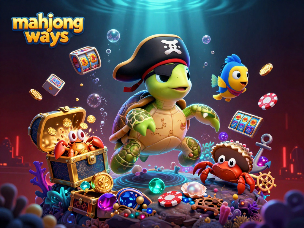 Playing mahjong ways with pirate turtle, crab, and parrotfish above treasures.