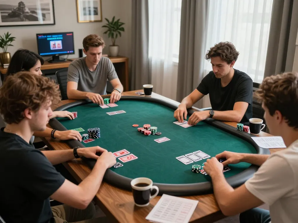 Engaged players at casino tr88 enjoying live dealer poker in a stylish home office setting.