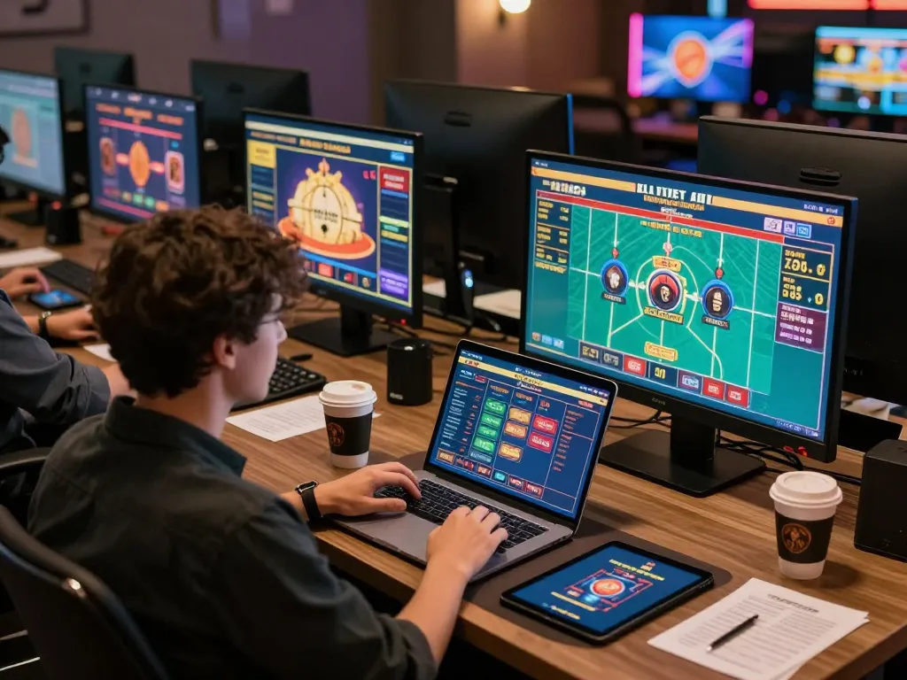 Player strategizing at nk88 online casino with multiple screens showcasing various games and betting options.