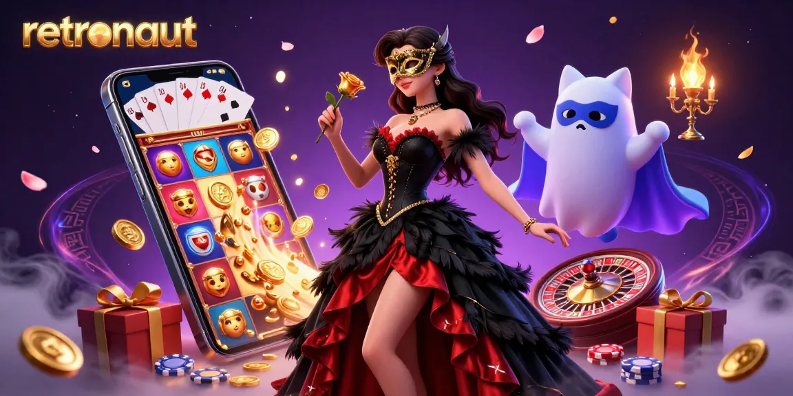 Experience thrilling gameplay with retronaut as a vibrant woman and a phantom cat showcase exciting mobile casino elements.