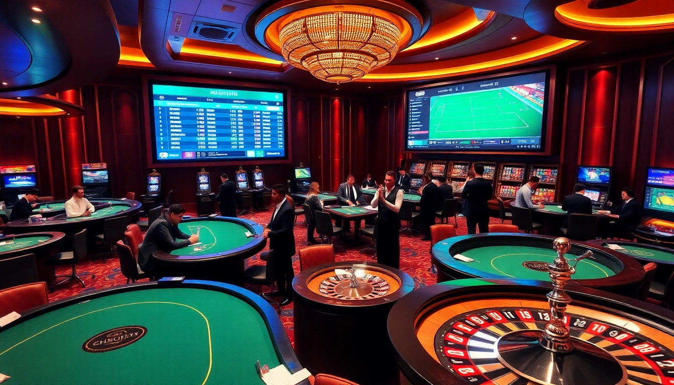 Experience thrilling Situs Judi Bola action with professional bettors at a vibrant casino setting.