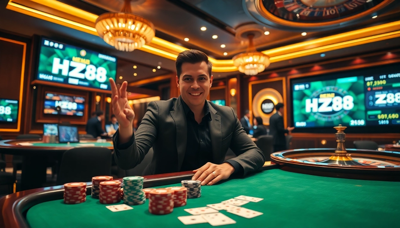 Professional gambler securing an HZ88 win with poker chips and casino table action under warm lighting