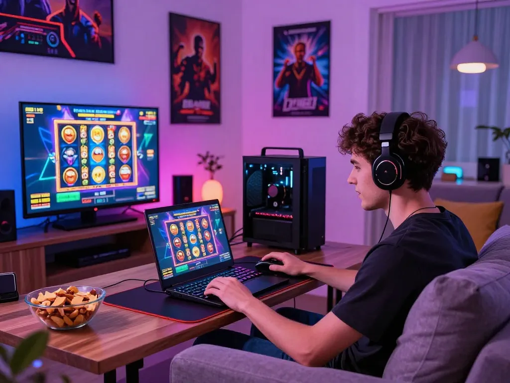 Pemain yang terlibat memainkan slot gacor hari ini di ruang tamu yang stylish dengan peralatan gaming dan camilan.