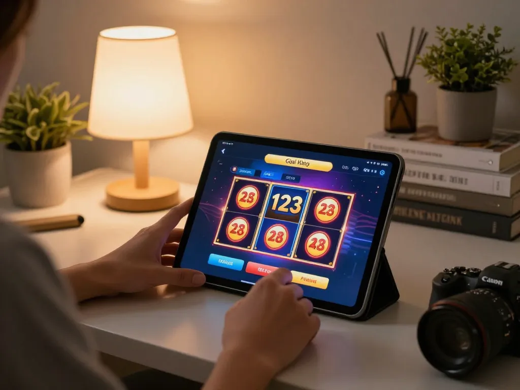 Engaging with slots on goal 123 via tablet in a cozy home setting