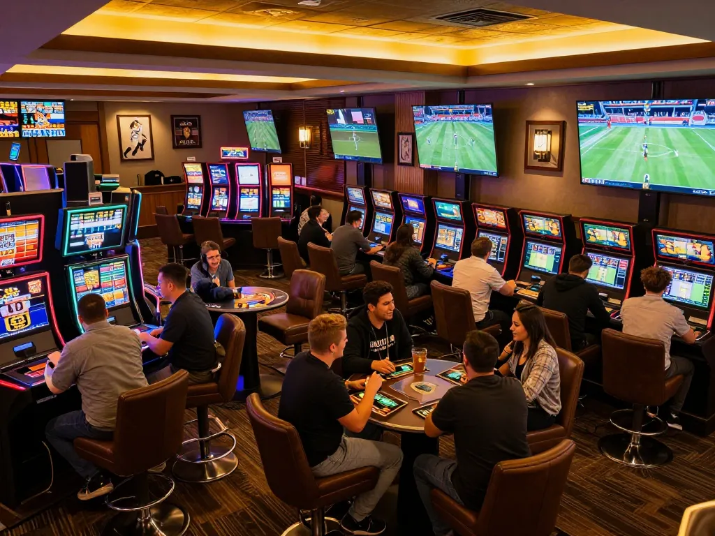 Guests actively placing bets at the okking1 sports betting lounge with dynamic screens.