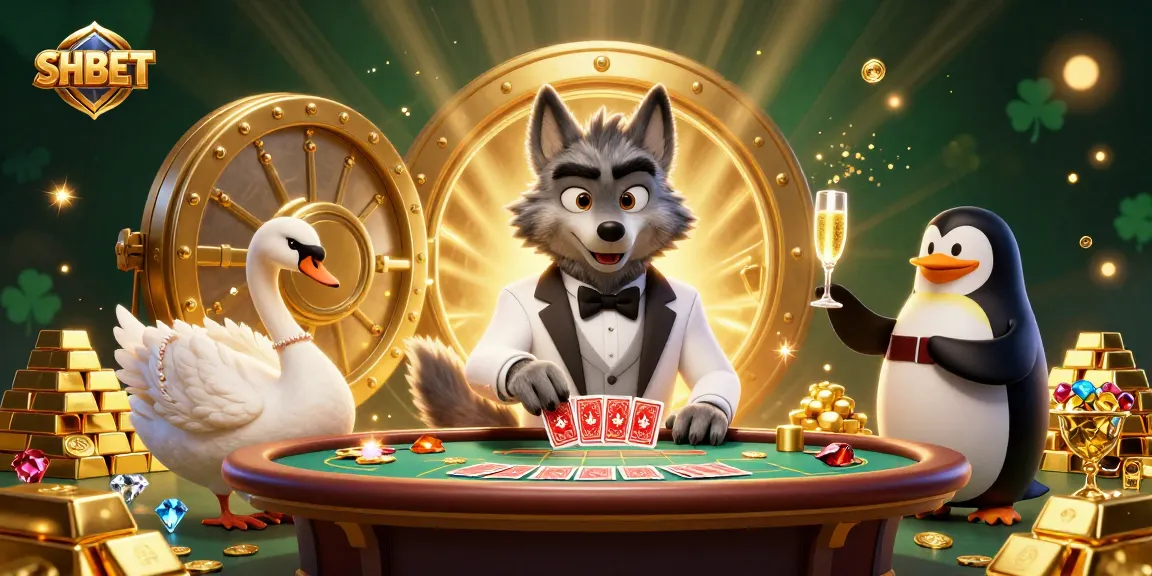 Engage with SHBET through this vibrant casino scene featuring a debonair wolf, elegant swan, and chic penguin.