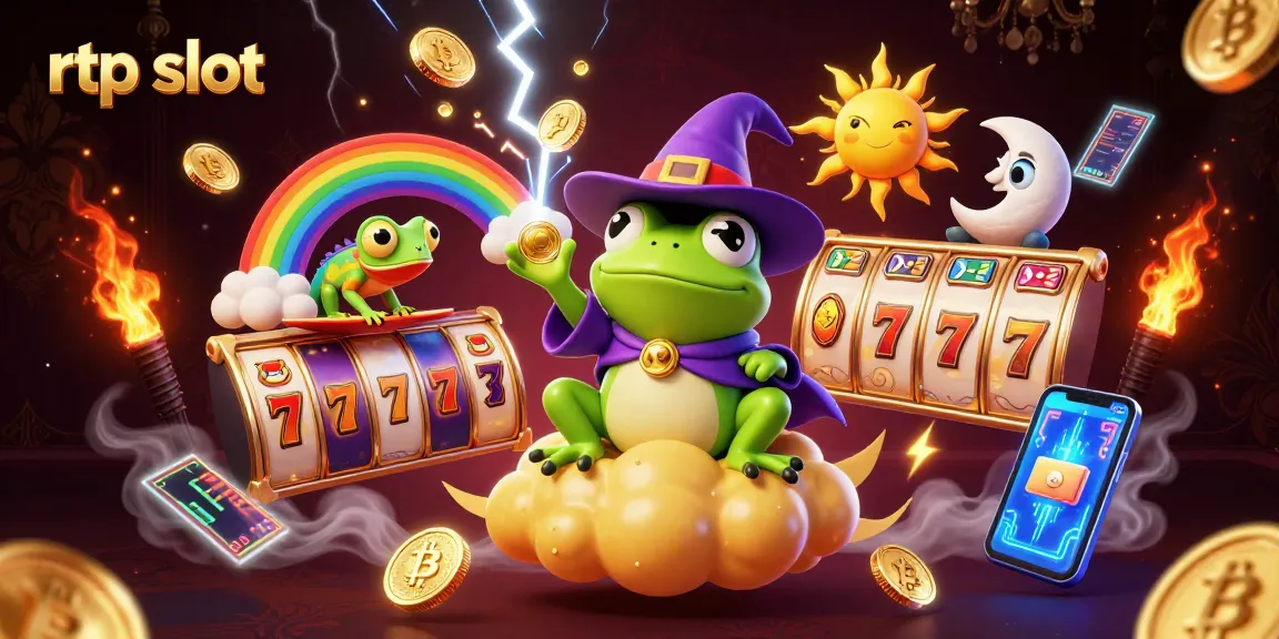Engage with the rtp slot scene featuring a wizard frog, chameleon, and golden coins in 3D illustration.