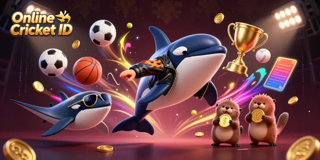 Engage with the exciting world of Online Cricket ID, featuring playful sea creatures amidst dynamic sports elements.