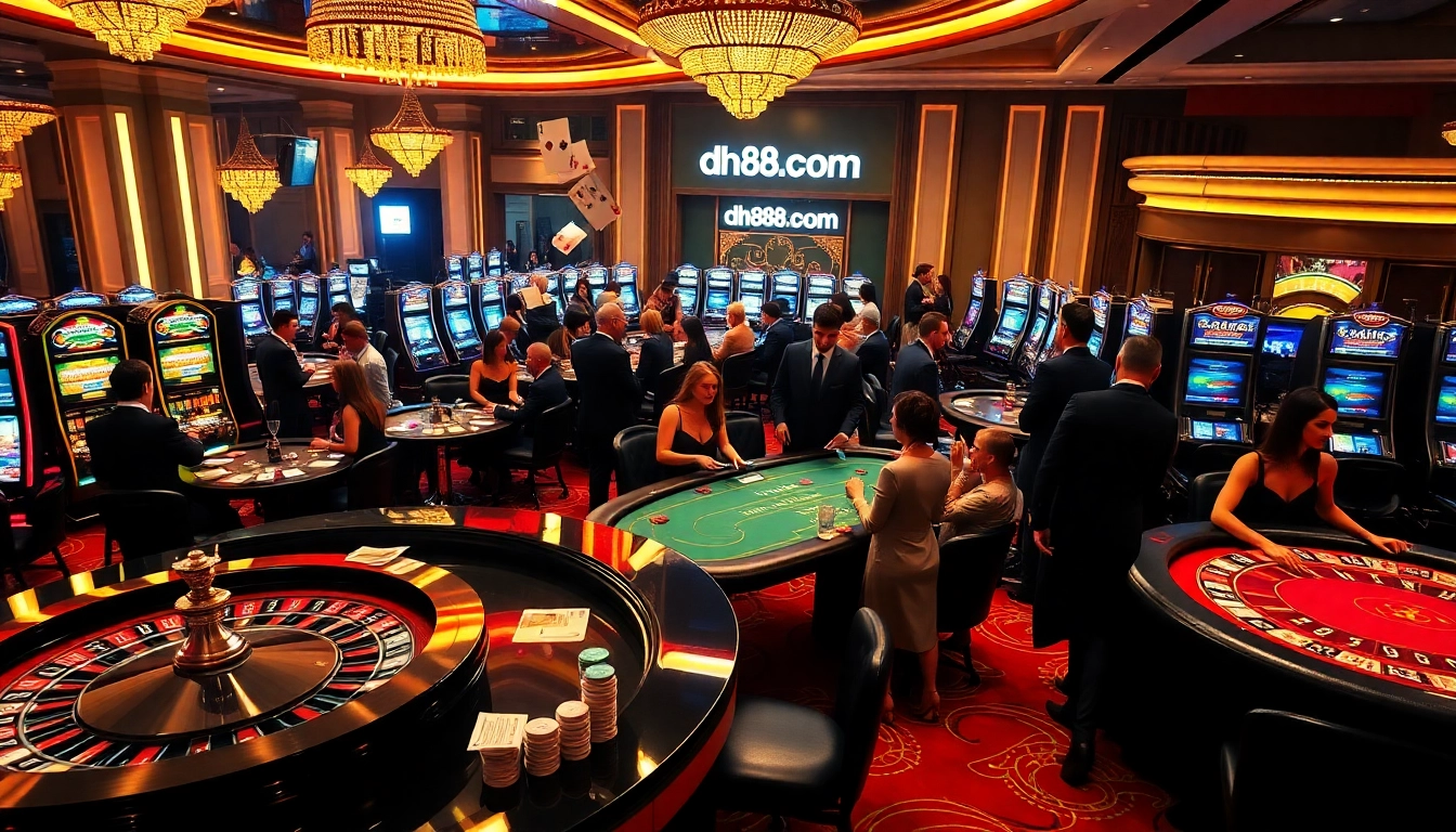 Engage in exhilarating games at dh88.com, featuring vibrant casino tables and glamorous players.