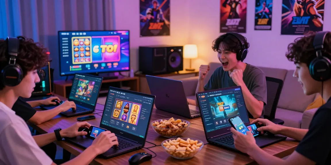 Pengalaman bermain terjun4d di ruang tamu modern dengan pemain antusias menggunakan berbagai perangkat.