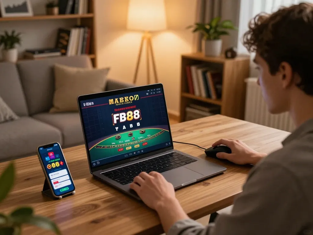 FB88 player engaging in online gaming with a cozy home setup featuring a laptop and smartphone