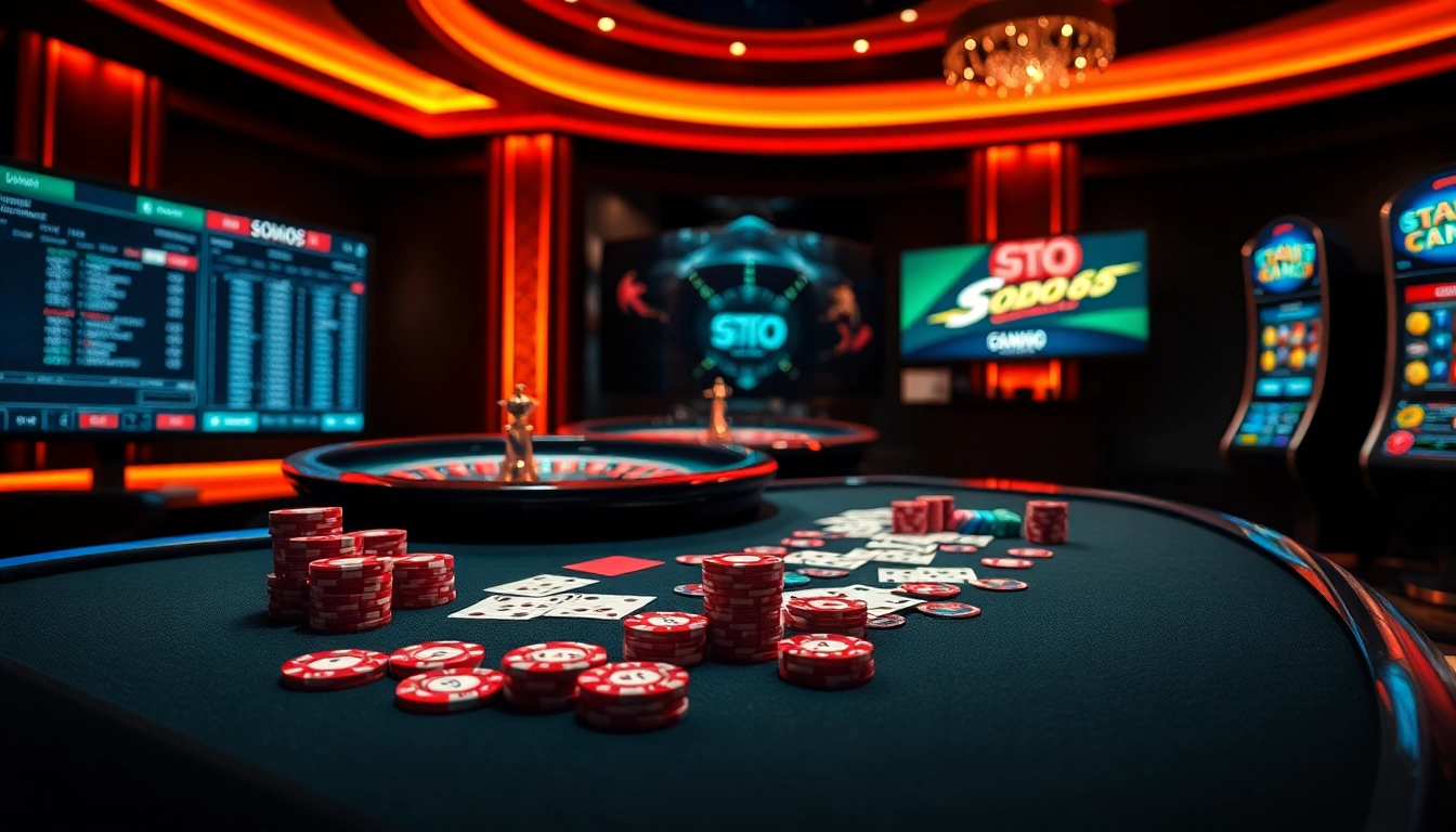 SODO66 casino table featuring vibrant poker chips and spinning roulette, capturing the excitement of online gambling.