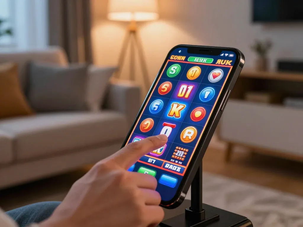 Player enjoying immersive slot 5k gaming experience on a mobile device in a cozy living room.