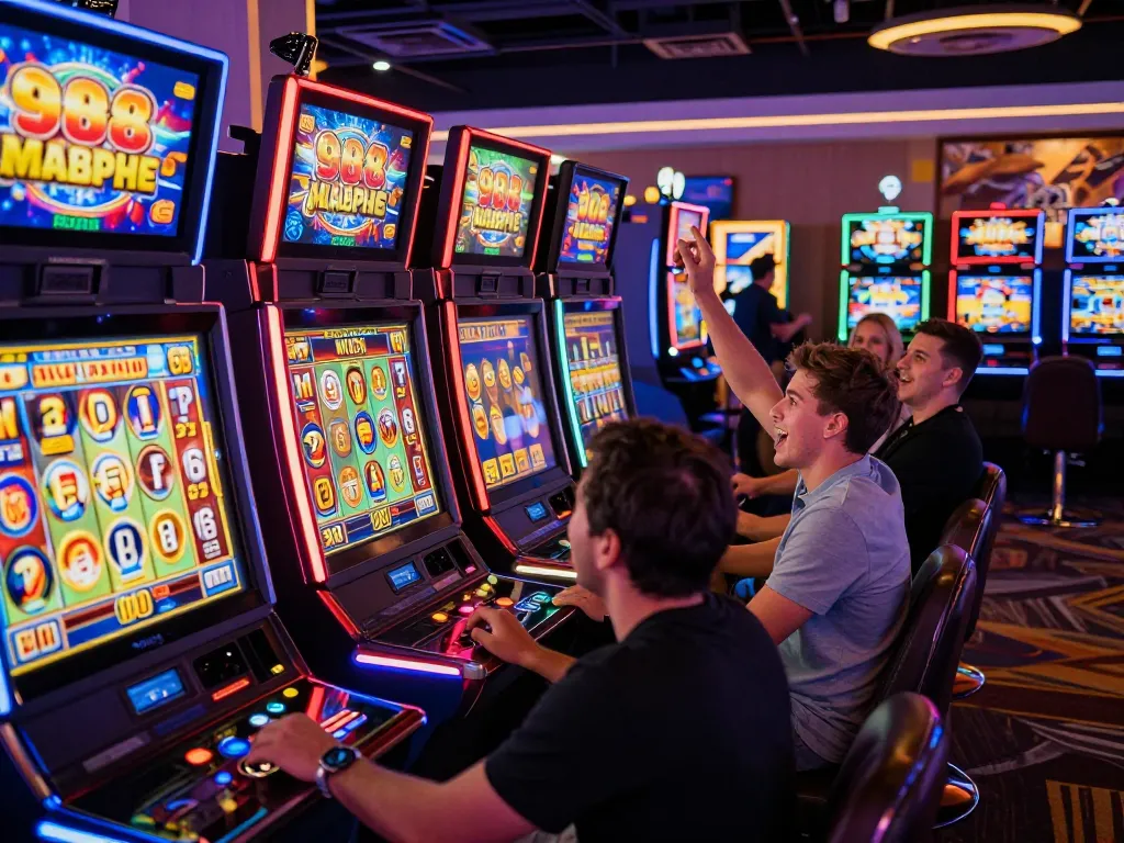 Players enjoying 988slot action at colorful casino gaming machines.