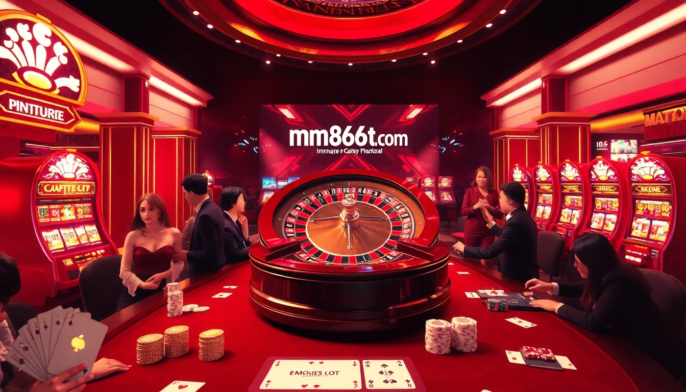 Players enjoying the thrill of gaming at mb66-t.com, showcasing a luxurious casino atmosphere with roulette and poker.